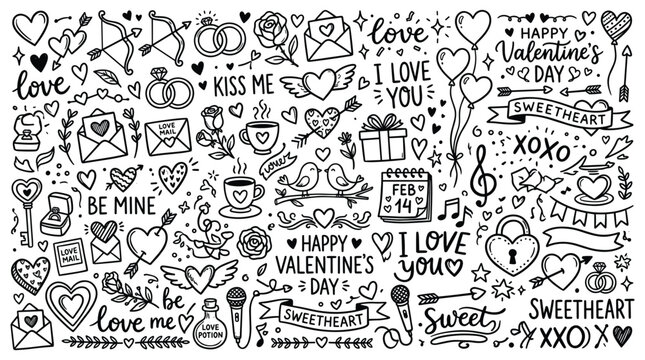 Romantic valentine day doodle set with hearts, love letters, rings, cupid arrows, and sweet phrases in black and white