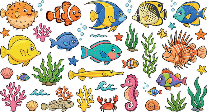  Adorable sea world aquarium animals graphic asset with vibrant angelfish parrotfish seahorse coral reefs and water bubble elements