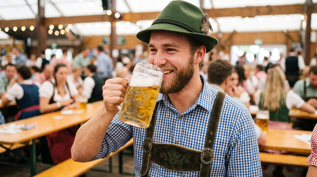 Happy man in lederhosen drinking beer at Oktoberfest celebration  