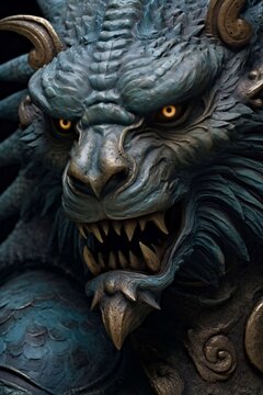 Mythical blue dragon statue with glowing orange eyes, fierce stone beast sculpture with sharp teeth, ancient guardian creature head in dark fantasy style