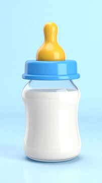 3D Baby Bottle with Fresh Milk on Pastel Blue Background