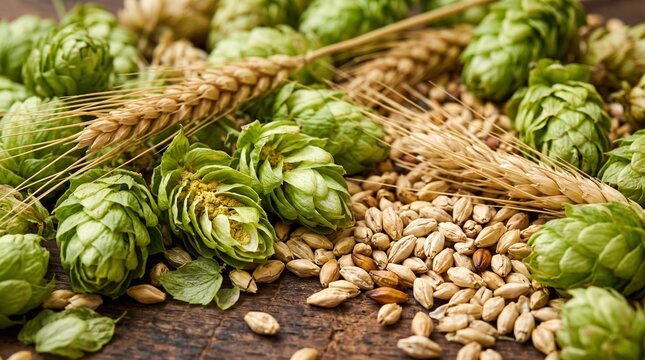 Fresh Green Hop Cones and Golden Barley Malt Raw Ingredients for Craft Beer Brewing, close-up macro