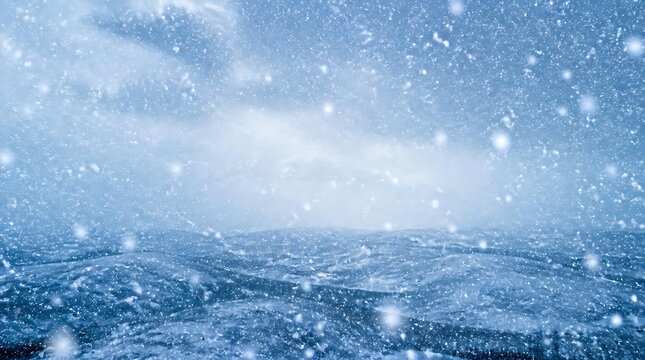 Stormy ocean waves under heavy snowfall blizzard.