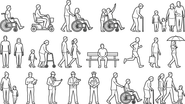 Set of human silhouettes in various poses including walking, sitting, running, and using wheelchairs for architectural scale reference