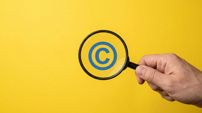 Copyright Symbol Under Magnification: A hand holding a magnifying glass over a copyright symbol (&copy;) on a vibrant yellow background, symbolizing protection and intellectual property.