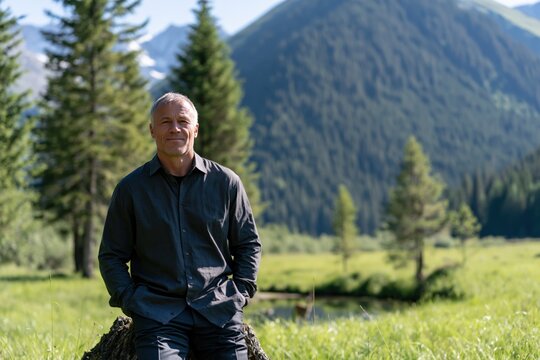 Senior man sitting on a tree stump in a mountain meadow for wellness retreat portrait and peaceful outdoor background layout