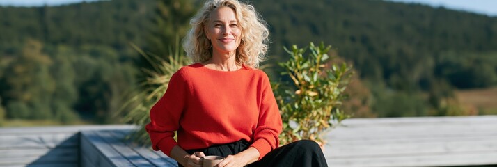 Obraz premium Smiling middle aged woman in orange sweater sitting on a wooden terrace with potted plants and mountain view for wellness portrait and lifestyle background design