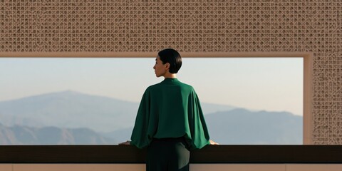 Obraz premium Female figure in green blouse framed by decorative screen and wide window with distant mountains for minimalist background and poster design
