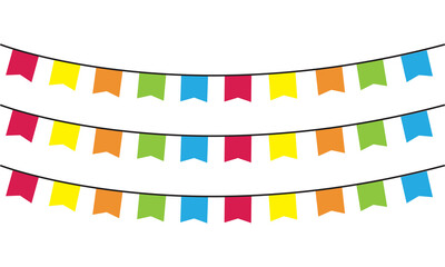 Fototapeta premium Three rows of colorful festive bunting flags hanging on strings isolated on transparent background