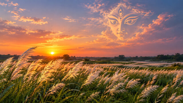 Golden sunset over kans grass meadow with goddess durga face appearing in clouds for durga puja and mahalaya spiritual festival background design