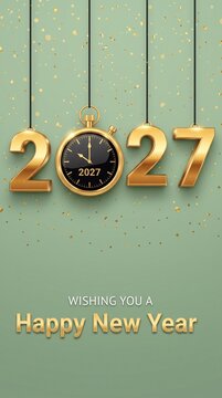 Elegant Happy New Year 2027 greeting card featuring gold numbers and a hanging clock design against a soft sage green textured background