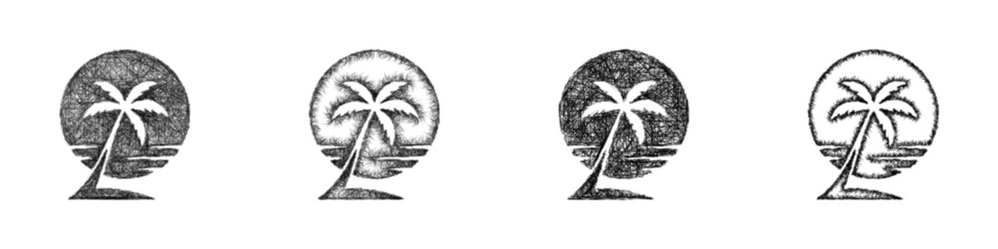 Monochrome sketch coconut palm logo design set