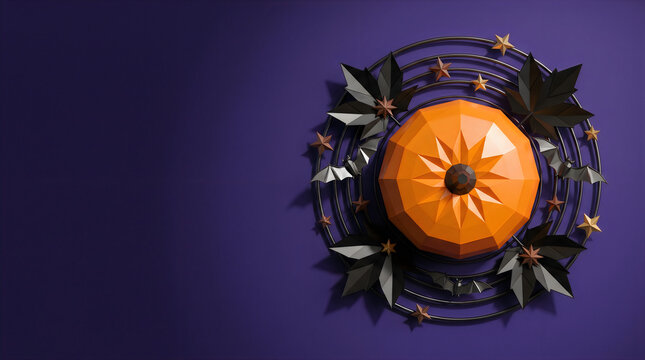 Geometric low poly halloween wreath with orange pumpkin on dark purple wall.