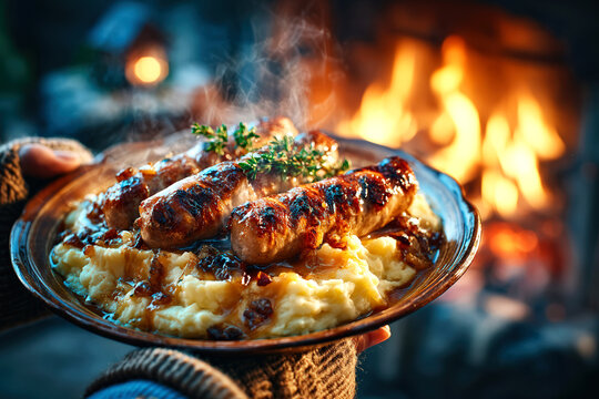 Traditional British sausages with mashed potatoes and onion gravy served near a fire. Ideal for Guy Fawkes Night food ads, holiday menus, event posters, blog articles, and festive promotions.