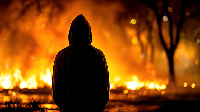 Silhouette in a hood stands before a burning bonfire at night with glowing flames. Ideal for Guy Fawkes Night posters, event ads, banners, website backgrounds, and educational projects.