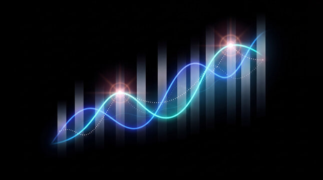 Data visualization with glowing neon wave curves and translucent vertical bars over a black background, ideal for fintech dashboard displays and market trading analysis