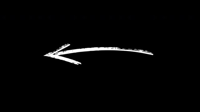 Hand-drawn white chalk arrow animation pointing left on black background, minimalist scribble doodle