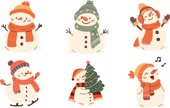 Cute snowman character vector collection with vintage hand drawn winter holiday figures ice skating singing and carrying christmas tree