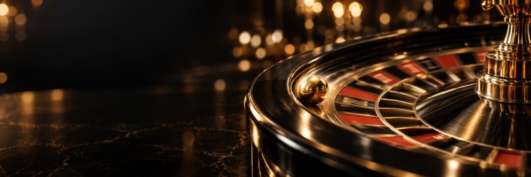 close up of casino roulette wheel with golden ball in slot against dark background with bokeh lights. gambling, luck, risk concept. banner, website header, graphic design with copyspace.