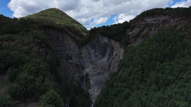 Aerial view of the Sorrosal waterfall, Broto, Huesca province, Aragon, Spain 