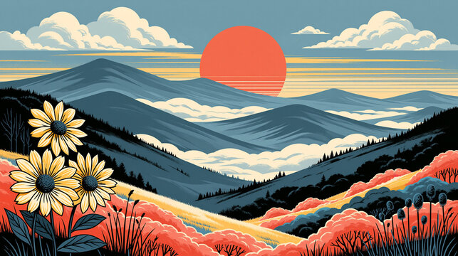 Stylized sunset over rolling mountain landscape with blooming wildflowers