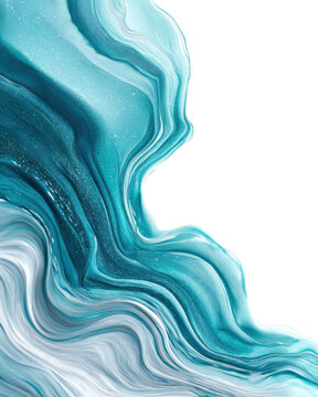 Teal and white fluid marble swirl with glitter texture abstract acrylic pour design