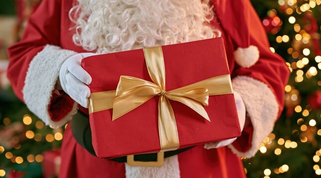 Santa Claus holding red Christmas gift box with gold ribbon
