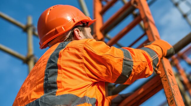Construction worker in orange safety gear climbing scaffolding ladder