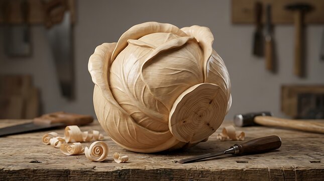 Carved Wooden Cabbage Rose Sculpture