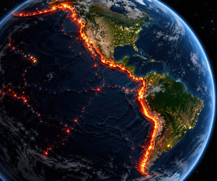Pacific Ring of Fire Along the West Coast of North and South America