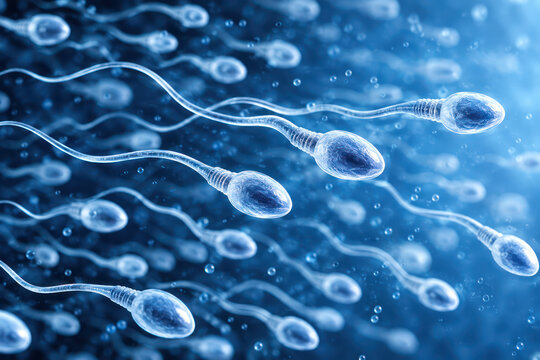 Human Sperm Cells Swimming, Male Fertility and Reproductive Health Medical Illustration