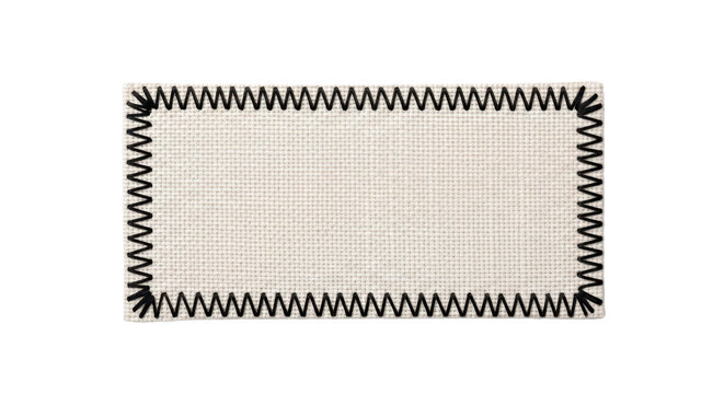 Rectangular canvas fabric patch with a dark zigzag decorative stitch border. High quality textile texture for clothing branding or design projects. PNG, isolated on transparent background.