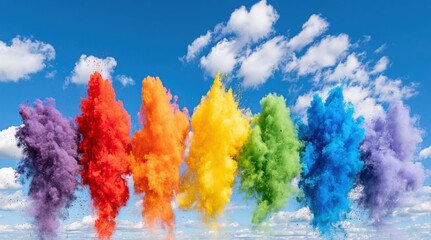 Fototapeta premium Rainbow colored powder explosions against blue sky with clouds