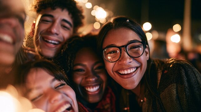 group of smiling young friends huddled close together at a nighttime celebration