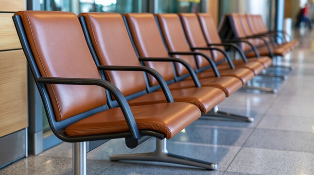 Empty brown leather seats in airport waiting area