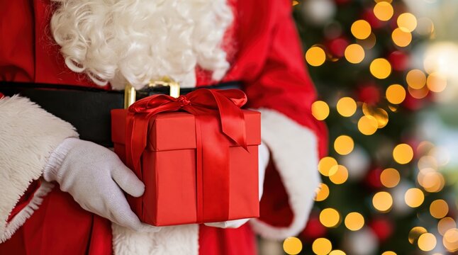 Santa Claus holding red gift box in front of Christmas tree with bokeh lights