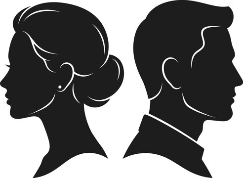 Silhouette profile of a woman and a man facing away from each other, elegant couple head icons