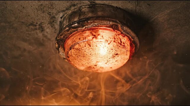 Emergency strobe flashing red light across concrete while warm smoke swirls around the translucent lens and rim