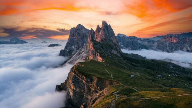 Seceda mountain ridge in the Italian Dolomites at spectacular sunrise