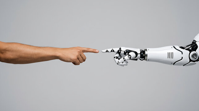 Human arm reaching to touch robotic hand on grey background