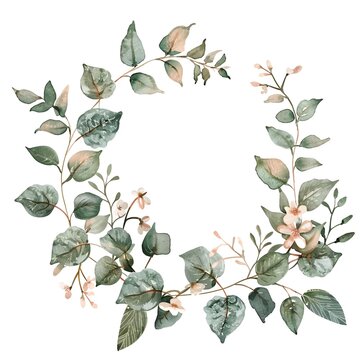 Eucalyptus and floral watercolor wreath. Circular foliage frame with green leaves and pink blossoms. Delicate botanical border on white background