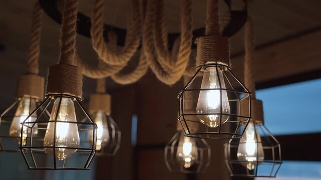 Vintage edison light bulbs in a rustic metal cage chandelier hanging from thick ropes, creating a warm and cozy industrial loft ambiance for interior design and modern decoration