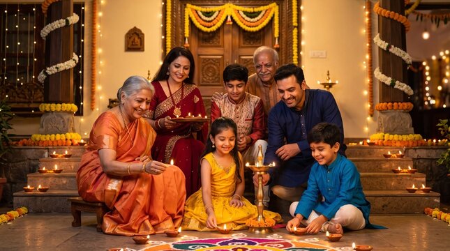 happy multi generational indian family lighting oil lamps together outdoors on home porch during diwali celebration