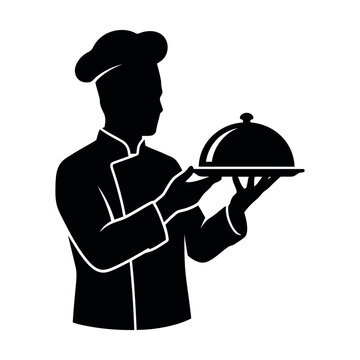 Chef silhouette holding a covered platter during a restaurant service clean vector graphic