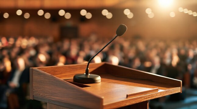 Wooden lectern with microphone in auditorium before audience