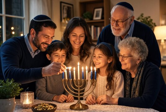 happy multi generational jewish family lighting hanukkah menorah candles together at home during holiday season