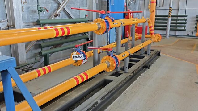 Industrial pipe valves rest in bright plant interior during safety checks. Orange pipeline sections, tagged valve hardware, and gauge fittings line rack as system stays idle and orderly.