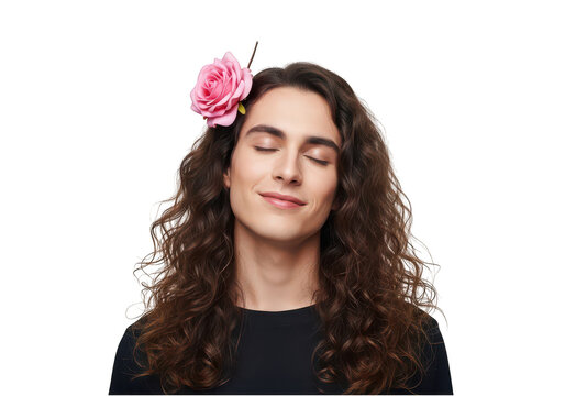 Relaxed woman with flower hair accessory isolated on transparent background