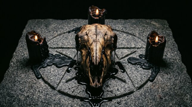 Animal skull with black wax on a stone pentagram surface