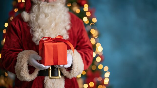 Santa claus holding red christmas gift box in front of bokeh tree